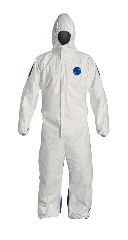 DuPont Tyvek 400D TD127S ProShield Protective Coverall with Zipper Front, Hood and Elastic Cuffs, White/Blue, 3X-Large (Pack of 25)