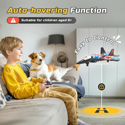 Foam RC Plane Drone for Kids Remote Control Airplane Fighter Jet with LED Light Auto Hover 360°Flip 2 Batteries (16 Mins Flight) Easy to Fly for Beginners