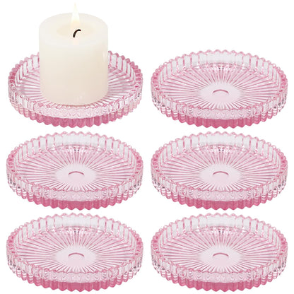CHOCSTAY Glass Pillar Candle Holder, 4" Pink Candle Plates Set of 6, Glass Candle Holders for Wedding, Party, Holiday, Home Decor, Table Centerpiece