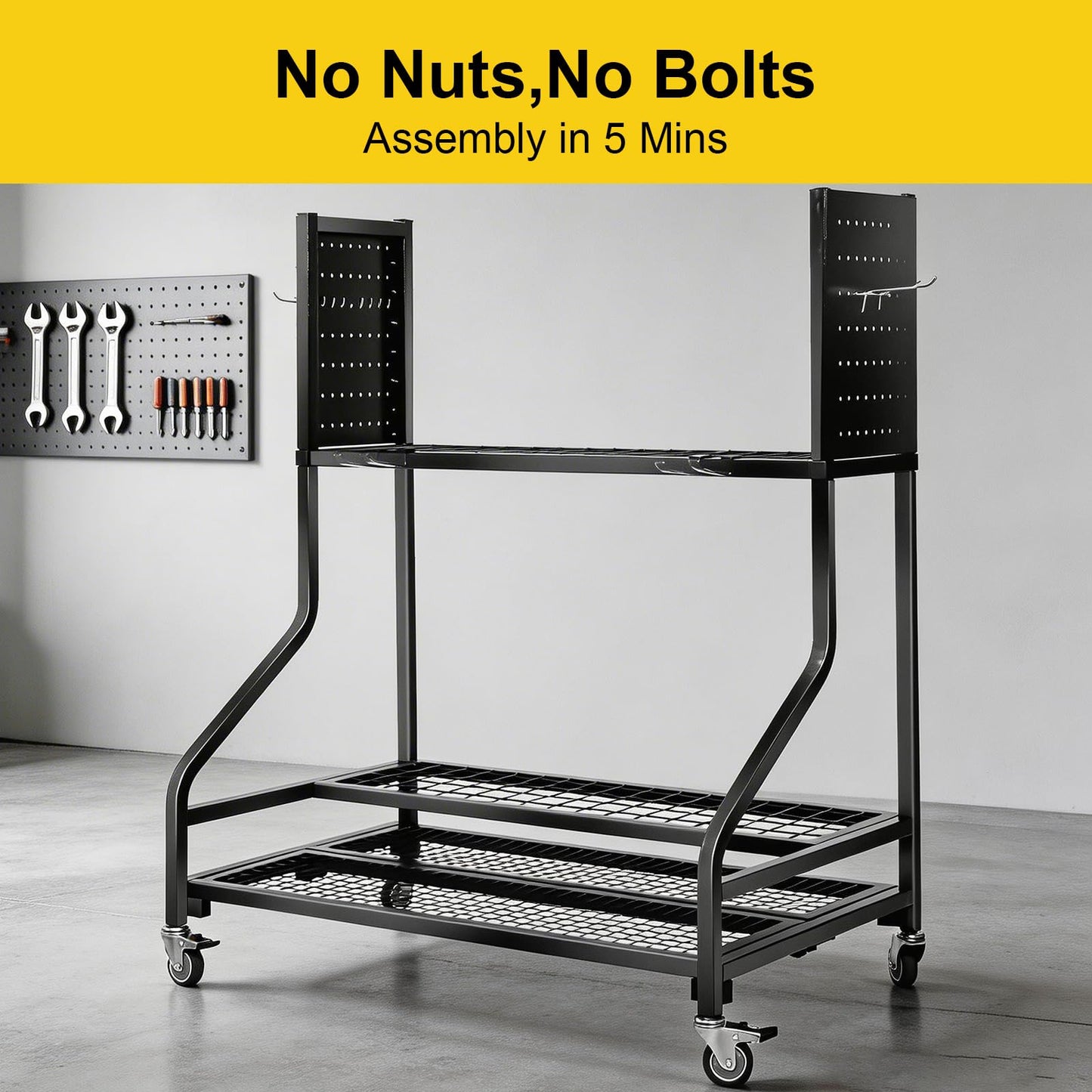 KYLIN Heavy Duty Garden Tool Organizer Rack on Wheels, 450 lbs Capacity with 4 Locking TPR Wheels, 55 lbs 0.059'' Steel Frame Mobile Garage Storage - No Nuts,No Bolts - Easy Assembly Utility Cart