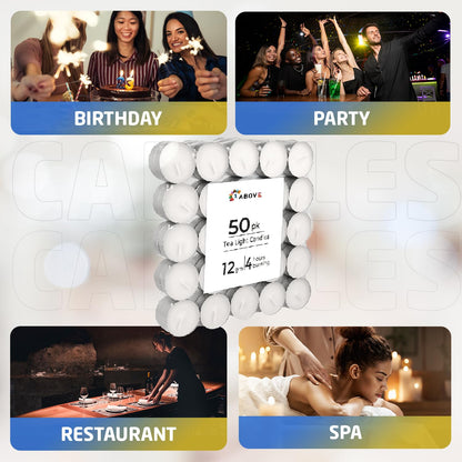 1ABOVE Tea Light Candles 4 Hour Long Burn Time White Unscented. (50 Pack)