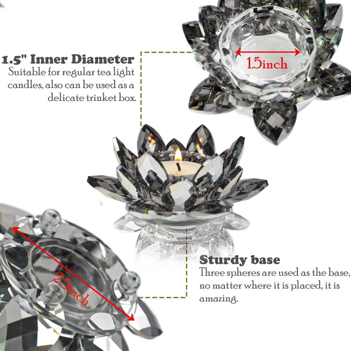 Lotus Black Crystal Candlestick 2-Piece Tealight Candle Set, Black Glass Votive Candle Holder for Tabletop Dining Table Center Decoration Ideal Candle Holder for Wedding Valentine's Day Decoration