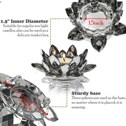 Lotus Black Crystal Candlestick 2-Piece Tealight Candle Set, Black Glass Votive Candle Holder for Tabletop Dining Table Center Decoration Ideal Candle Holder for Wedding Valentine's Day Decoration