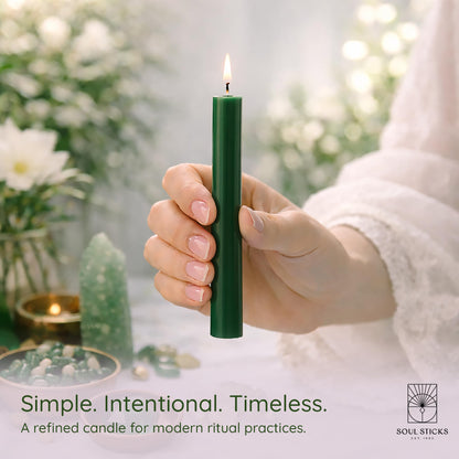 SOUL STICKS Prosperity Magic Spell Chime Taper Candles 20 Pack - Ideal for Altar, Rituals, Ceremonies, Meditation Green Unscented Candle Sticks for Witchcraft Supplies, Wiccan Supplies and Tools