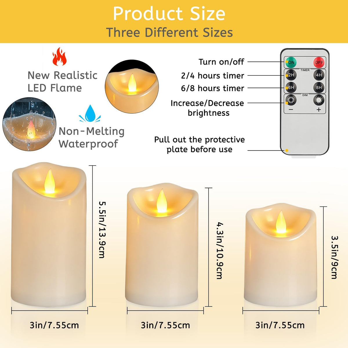 Flameless Candles 4" 5" 6" Set of 3 Outdoor Indoor Ivory Pillars Battery Operated Flickering Candles Include 8-Key Remote Timer Function, Fake Plastic Candles for Wedding, Aniversary, Christmas Decor