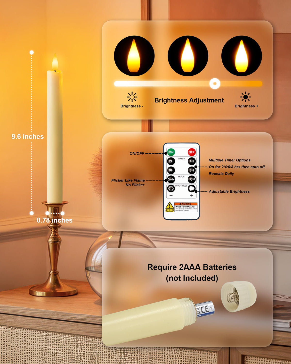 Homemory 3 Pcs Waxy Flameless Taper Candles with Remote, Flickering Battery Operated Taper Candles, Led Flameless Candlesticks Classic Tall Candle for Home, Wedding, Party, Ivory, 9.6 inches