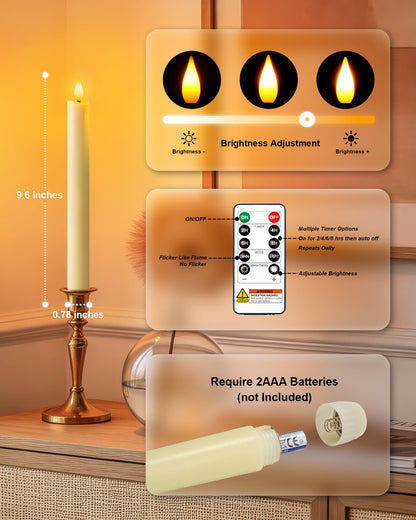 Homemory 3 Pcs Waxy Flameless Taper Candles with Remote, Flickering Battery Operated Taper Candles, Led Flameless Candlesticks Classic Tall Candle for Home, Wedding, Party, Ivory, 9.6 inches