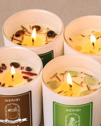 AOOVOO Holiday Candles Set for Women - 4 Pack Candles for Home Scented, Aromatherapy Candle with Crystals, 28 oz 200 Hour Long Lasting Candle, Winter Fragrance of Cedar, Fir, Hot Cocoa, Vanilla Cake