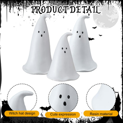 Colingmill Halloween Resin Ghost Figurine with 3 LED Tea Lights, Ghost Candle Holder Set of 3, Spooky Tabletop Indoor Halloween Light up Decor for Holiday Party, White Hollow Spooky Sculptures