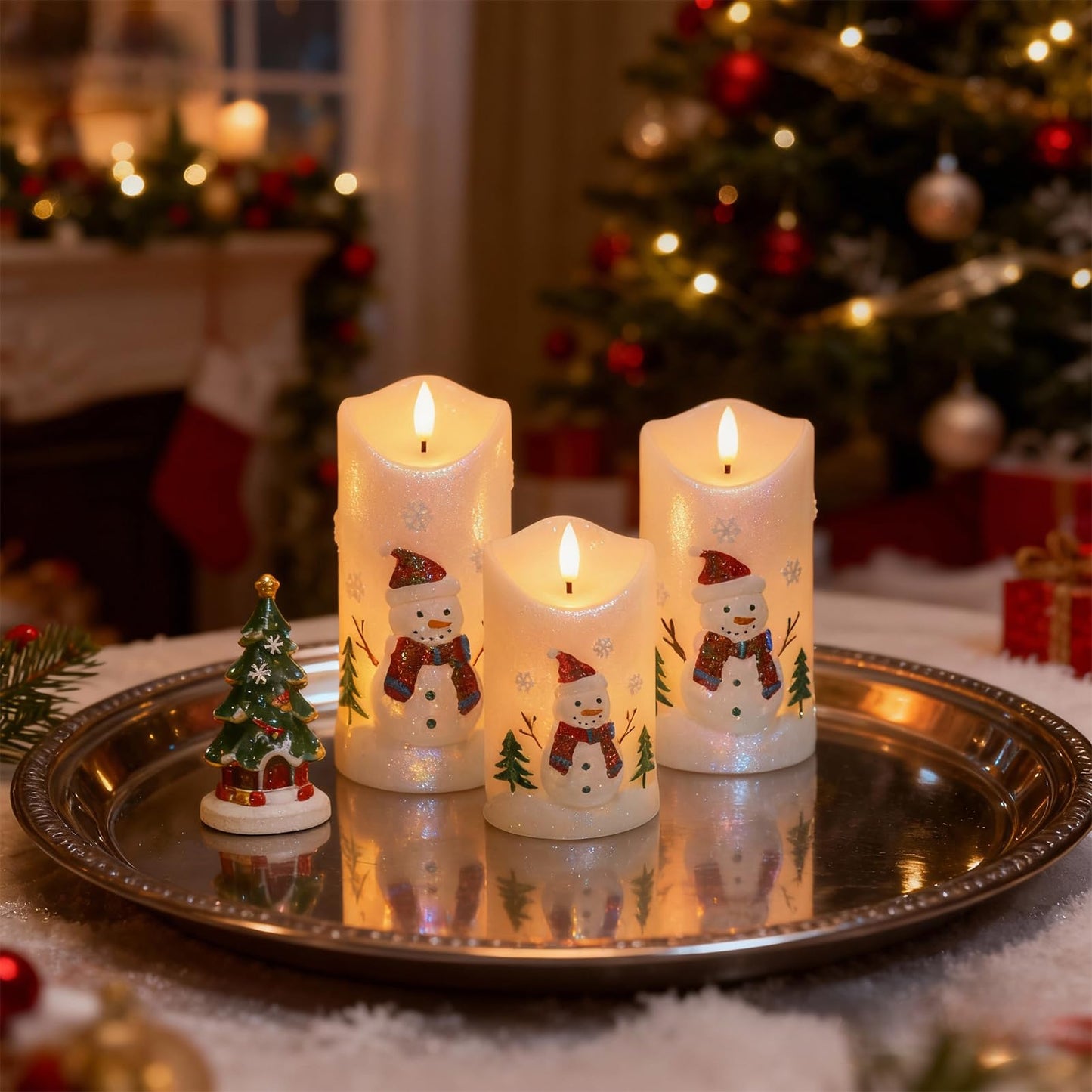 DRomance Snowman Flameless Candles Battery Operated with Remote and Timer Real Wax 3D Wick Flickering LED Pillar Candles Color Painted Carved Snowflake Christmas Holiday Decor(3" D x 5", 6", 7" H)
