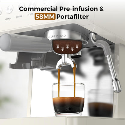 Kndko Espresso Machine with Grinder, 20 Bar Espresso Coffee Machines with Milk Frother Steam Wand, Espresso Maker for Latte, Cappuccino, Hot/Cold Brew, White