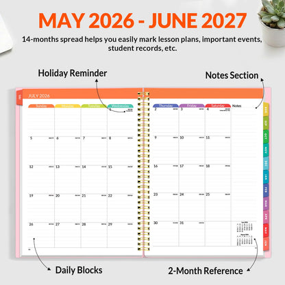 SUNEE Teacher Planner 2026-2027 Academic Year, Lite Lesson Planner Book with 7 Periods Jul 2026 - Jun 2027, 8.5"x11" Daily Weekly and Monthly Organizers, Plan Book with Pocket Folder, Color Tabs,Pink
