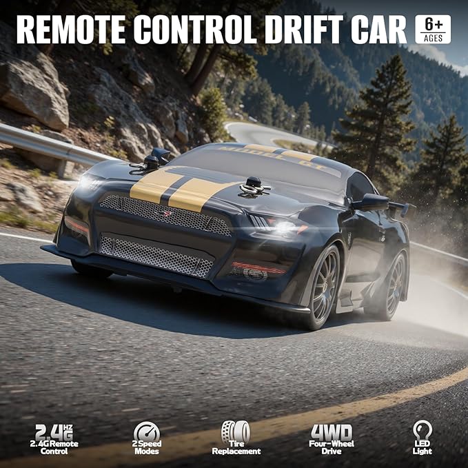 RC Drift Car 1:24 Scale Remote Control Cars Vehicle for Kids 2.4GHz 20KM/H 4WD High Speed RC Cars with LED Light Two Batteries &amp Drifting Tires Racing Sport Toy Car for Adults Boys Girls 8602BK