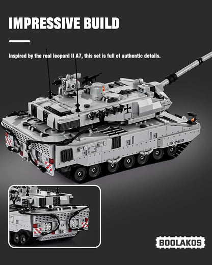 Leopard II A7 Main Battle Tank Building Block Military Tank Building Toy Set to Display Collectible WW2 Army Model for Adults (1498 Pieces)