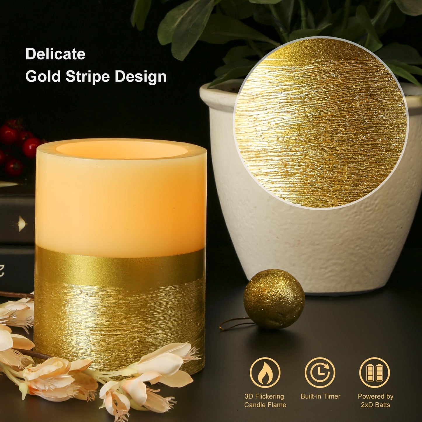 Flickering Flame LED Pillar Candle, Gold Flameless Candle with Timer, 5 Inches Height, Home Decoration, Party Celebration
