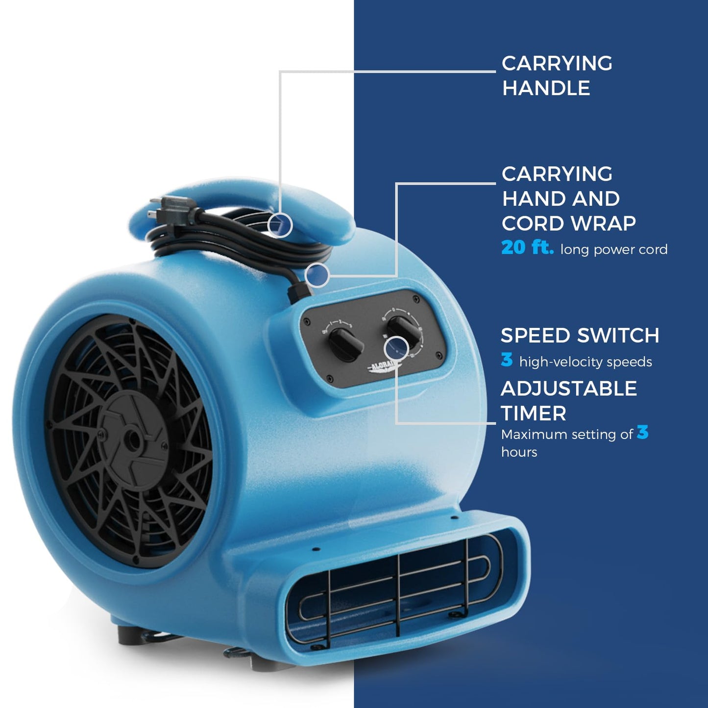 ALORAIR 1/3 HP 2000 CFM Air Mover Blower Fan for Industrial, Floor Fan Dryer, Carpet Dryer - Timer, Stackable, 3 Speeds, 5 Adjustable Angles Ideal for Water Damage Restoration and Plumbing - GE2000T