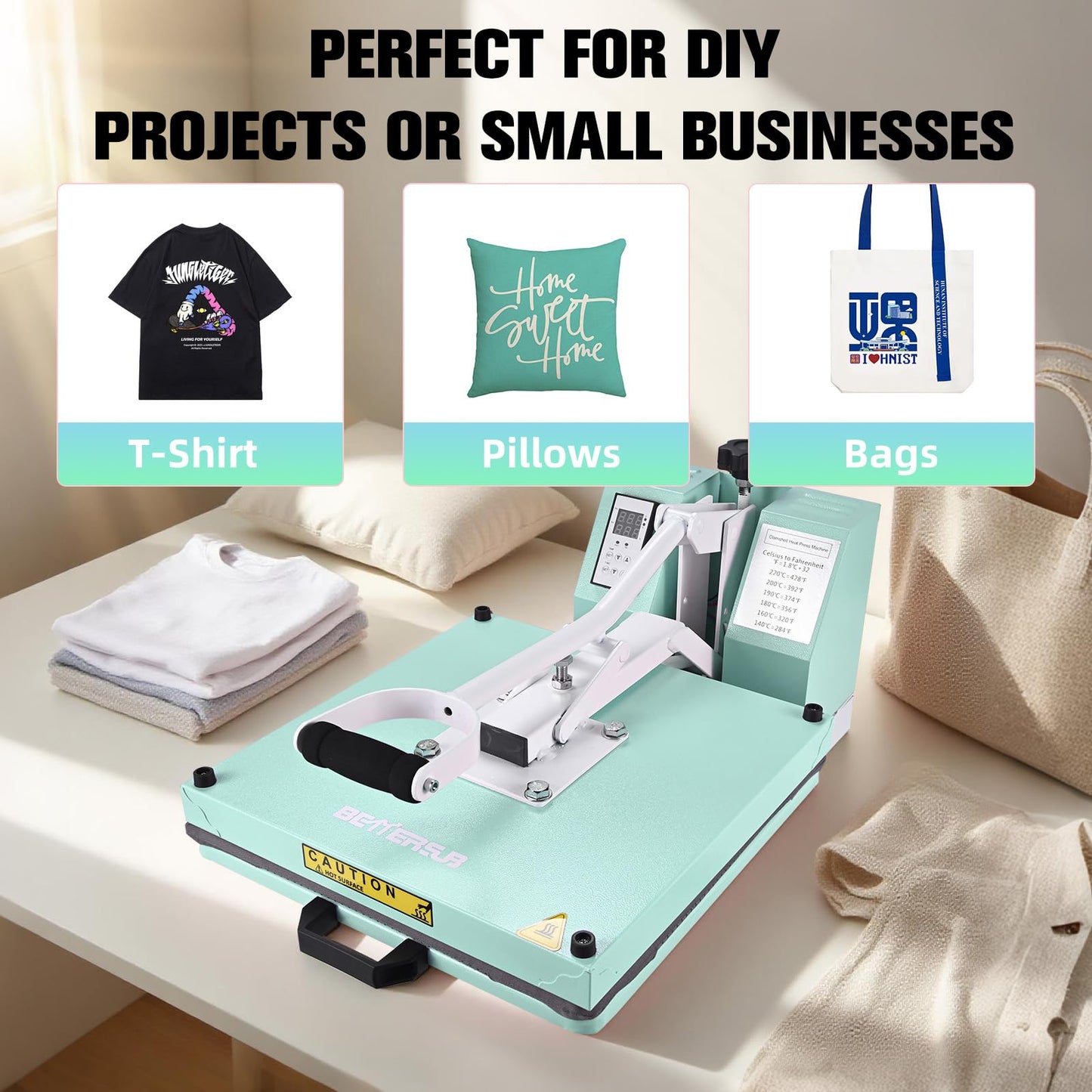 BetterSub 15x15 Heat Press Machine for T-Shirts, Industrial Sublimation & Heat Transfer – Digital LCD Control, Teflon Coated Surface, Clamshell Design, Safe Durable (Teal)