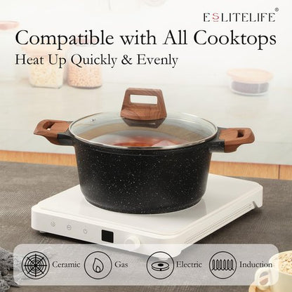 ESLITE LIFE Nonstick Stock Pot with Lid, 7 Quart Granite Casserole Large Soup Pot Pasta Cooking Pot, Induction Compatible, PTFE & PFOA Free, Black