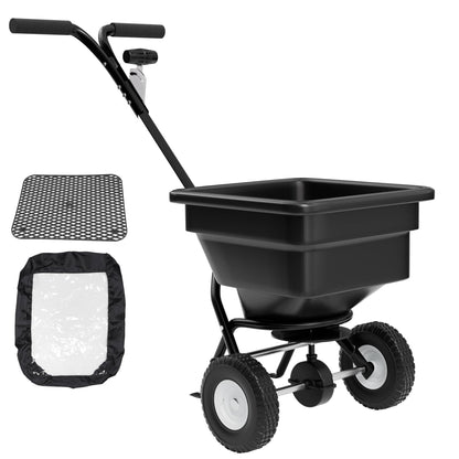 PPOLB Broadcast Spreader for Lawns, 100LB Fertilizer Spreader with 30-Level Flow Control, Walk Behind Lawn Seed & Salt Spreader, 0–10FT Coverage, Hopper Screen, Rain Cover, 12" Pneumatic Wheels