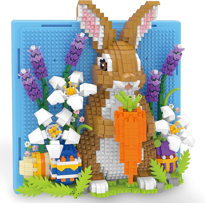 Easter Bunny 3D Wall Art Micro Mini Building Blocks Set Cute Animal Rabbit Decor with Easter Eggs &amp Flowers No Compatible with Lego Gift Idea for Adults STEM Toy for Boys Girls 14+ (1436 PCS)