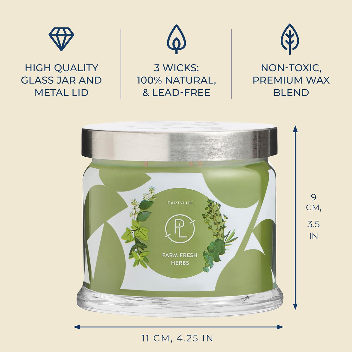 PartyLite Farm Fresh Herbs Scented, Notes of Eucalyptus, Thyme, Garden Mint, Cedarwood & Patchouli, 13.2oz 3-Wick Jar Candle, 45 Hour Burn Time, Luxurious Fragrance, Ideal for Gifting