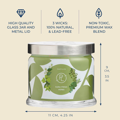 PartyLite Farm Fresh Herbs Scented, Notes of Eucalyptus, Thyme, Garden Mint, Cedarwood & Patchouli, 13.2oz 3-Wick Jar Candle, 45 Hour Burn Time, Luxurious Fragrance, Ideal for Gifting