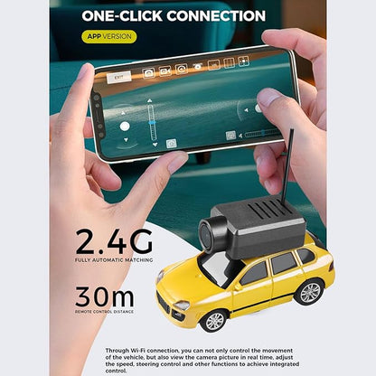 Mini RC Drift Car 1:64 Scale Mini RC Car with Camera and Radio Transmitter 2.4GHz Transmitter and APP Controlled Toy Vehicle with HD Magnetic Camera LED Lights Fun Toy for (Yellow)