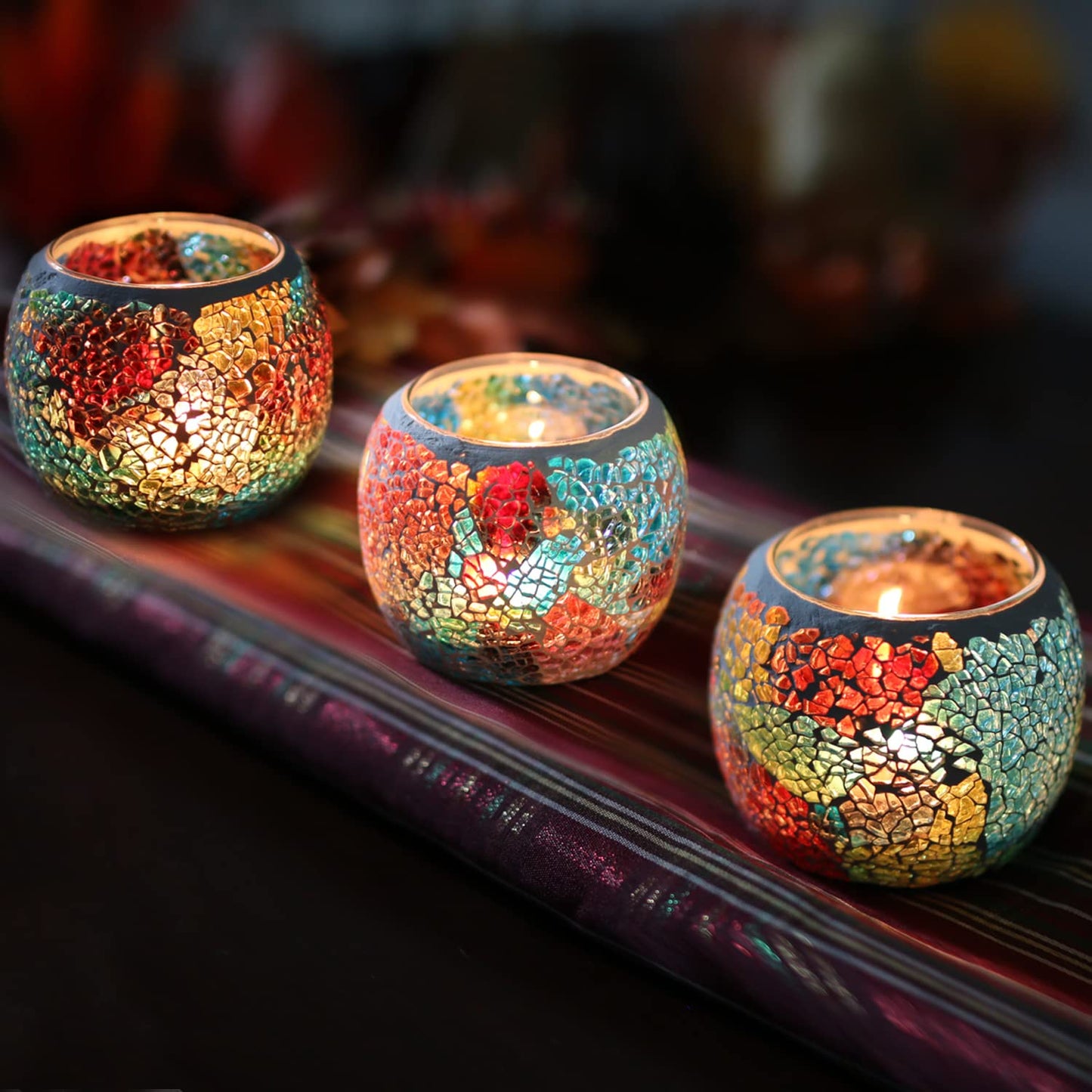 Votive Candle Holders for Table Centerpiece (NO Candles) Wedding Dinner by Candlelight,Tea Light Holders Mosaic Candle Holdes Candlescape Bowl for Valentine's,Christmas Party Decor 1 PC(Rainbow)