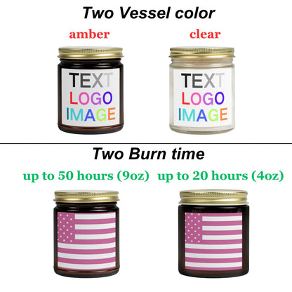 xzdesign Create Your Own Custom Candle Personalized Candles Coconut Apricot Wax Scented 4oz 9oz 9 scents Gold lid & Amber Clear Bottle