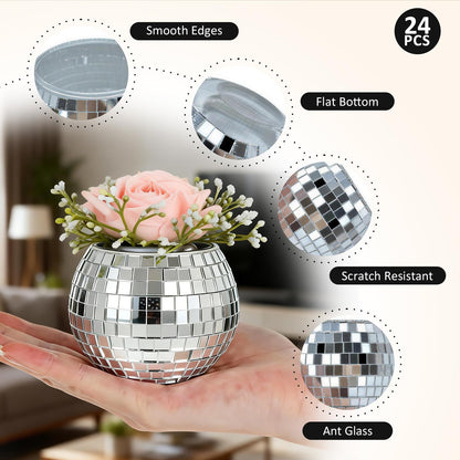 CHICERA 24 Pcs Disco Ball Candle Holders, 2x2.6 Inch Silver Mirror Glass Candle Holders, Disco Ball Centerpieces Table Decor for Wedding Birthday Party
