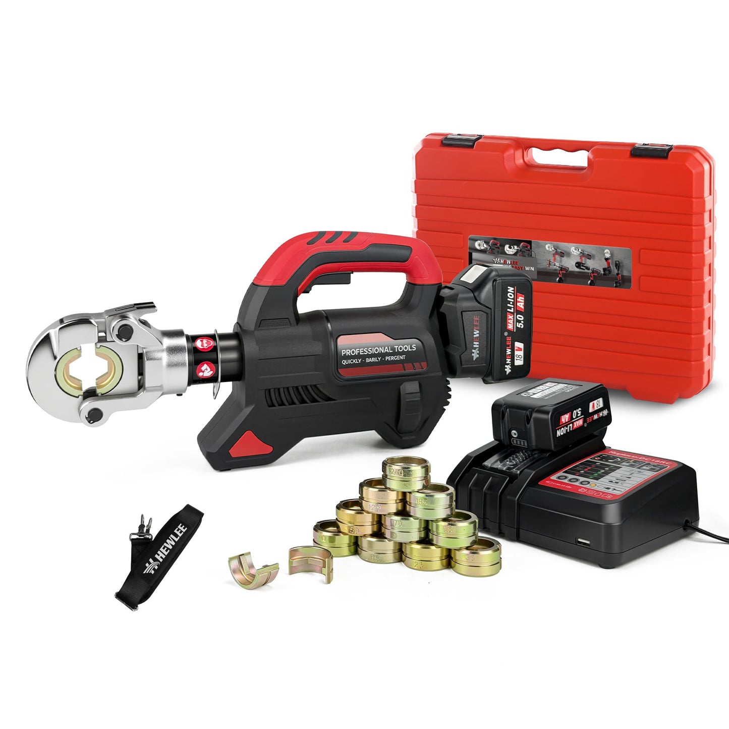 HHEWLEE Electric Wire Cable Crimper Battery Powered Hydraulic Crimping Tool Range 8AWG to 600MCM with 12 Dies, Electricians for Circuit Repairs and Stainless Steel Deck Upgrades (HL-300K)