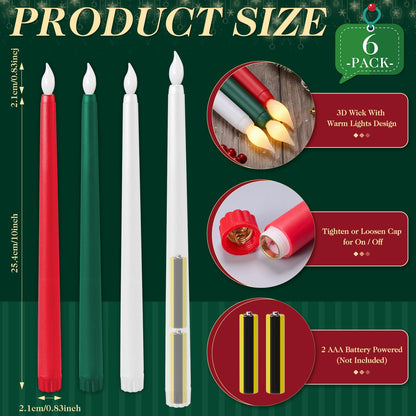 Baquler 6 Pcs 11'' Christmas Flameless Taper Candles Green Red White Battery Operated Candles LED Plastic Flickering Candlesticks for Christmas Wedding Church Dinner Home Decor