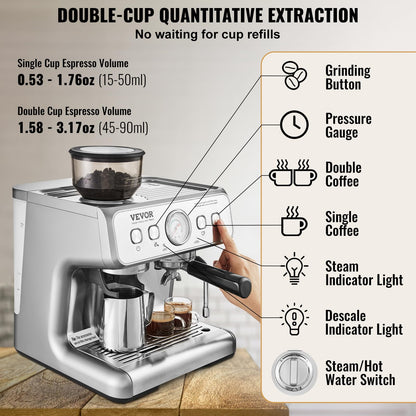 VEVOR Espresso Machine Built-in Grinder, 15 Bar Semi-Automatic Espresso Coffee Maker with Milk Frother Steam Wand, PID Control System for Cappuccino, Latte, Machiato