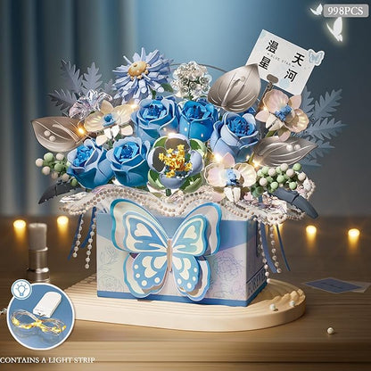 Flower Bouquet Building Blocks Model SetSimulation Artificial Rose Bonsai Plant Building Bricks ToysHandheld Gift Box Home Decor (Blue Butterfly)