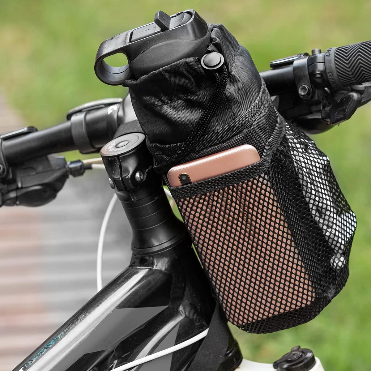 Caudblor Bike Water Bottle Holder Bag for Kid Adult, Insulated Bicycle Coffee Cup Holders with Phone Storage, Black Handlebar Drink/Beverage Container for Walker/Cruiser/Exercise/Mountain Bike