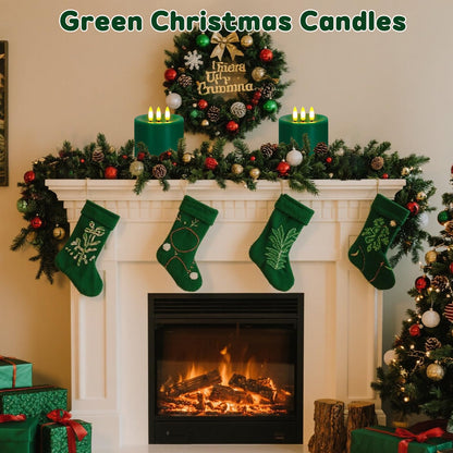 Large 3 Wick Flameless Candles, 4"x4" Flickering LED Candles with Remote & Timer, Dimmable Real Wax Pillar Candles Battery Operated, Green Candles for Home Christmas St. Patrick’s Day Decor (Green)