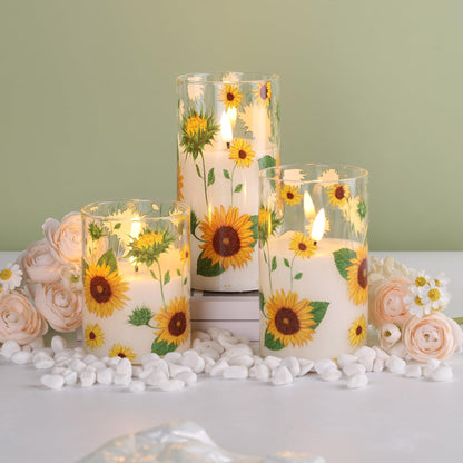 Eywamage Sunflower Glass Flameless Candles with Remote, Flickering Battery LED Pillar Candles Spring Home Table Decor Set of 3