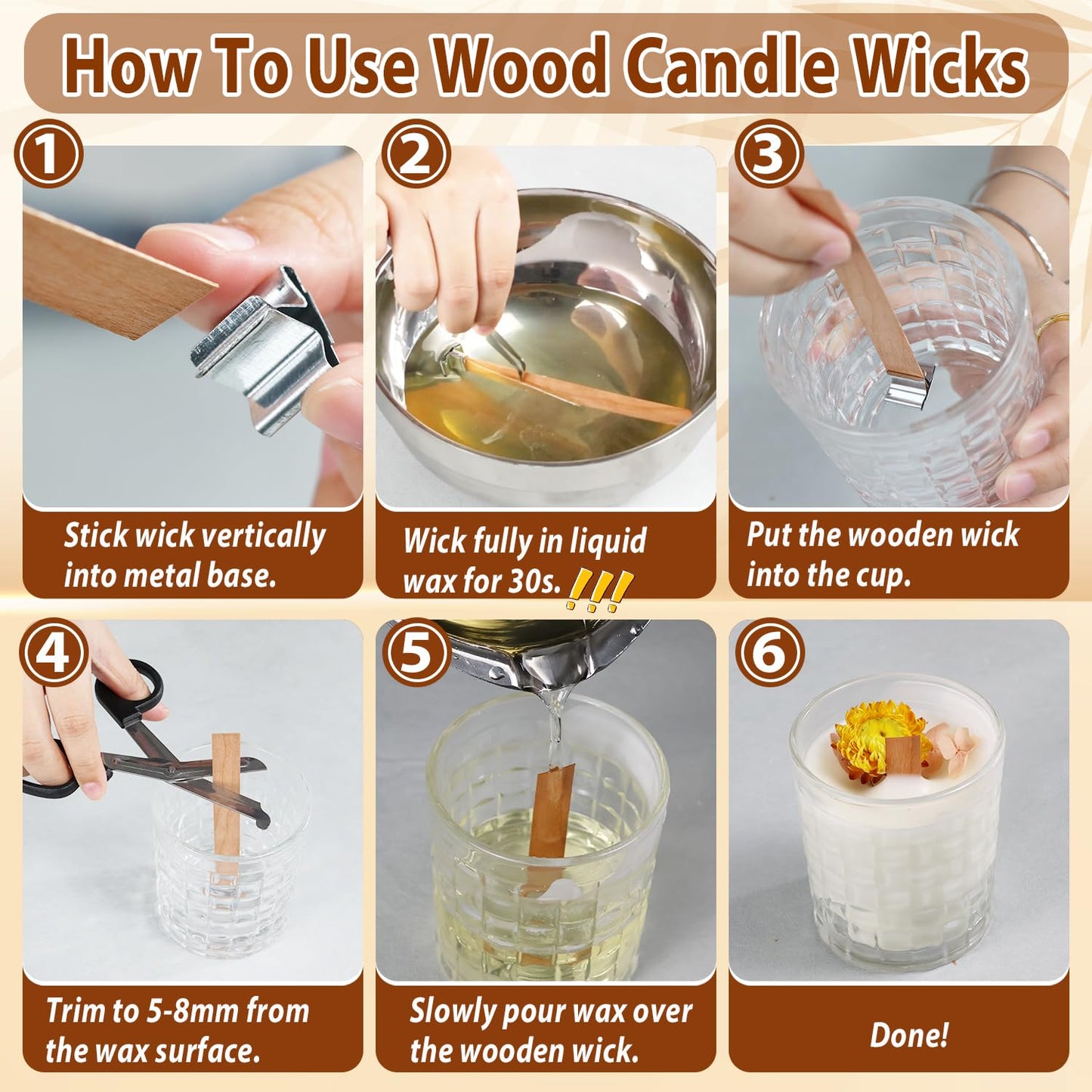 Multiwins 130 Pcs Candle Wicks for Candle Making Kit: 100 Cotton & 30 Wood Wicks with Complete Tool Set (Wick Holders, Wick Stickers, Candle Tabs, Tweezers, Pen), for Soy Beeswax DIY Candles