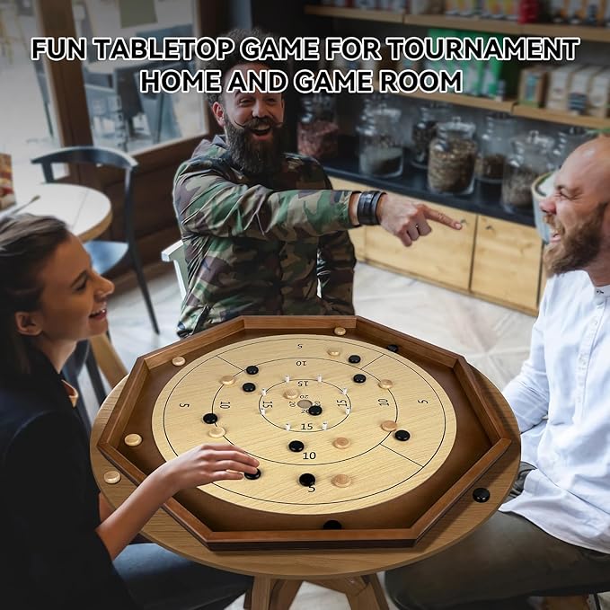 30 Inch Tournament Crokinole Board Game 2 in 1 Crokinole and Checkers with 26” Playing Surface Metal Pegs Wooden Octagon Canadian Tabletop Board Game Krokinole for Families and Friends