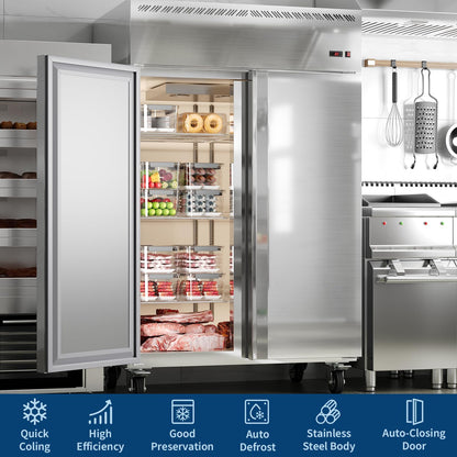 48-Inch Commercial Upright Freezer, 36 Cu. Ft. Stainless Steel Reach-In Deep Freezer with 2 Solid Doors, Digital Temp Control (-8°F to 0°F), Auto Defrost & 6 Shelves for Restaurant, Cafe & Kitchen