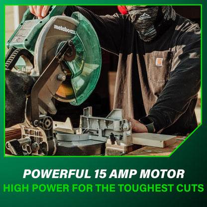 Metabo HPT 10-Inch Compound Miter Saw, 15-Amp Power Saw with Large 10-Inch Table, Precision Miter Angles, Single Bevel 0-45°, 24T TCT Blade, Positive Stops, Lightweight Design, C10FCGS
