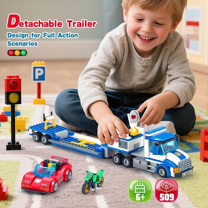 City Police Car Truck Building Sets for Boys Semi Truck and Trailer Building Blocks Vehicles Kits with Helicopter MotorcycleRace Car for Kids Ages 6 7 8 Years Old and Up
