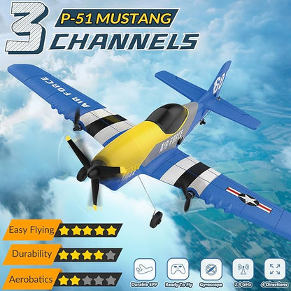 HAWK'S WORK 3 Channel RC Plane P-51D Mustang Remote Control Airplane Ready to Fly 2.4GHz 6-axis Gyro Stabilizer Easy to Fly for Kids &amp Beginners