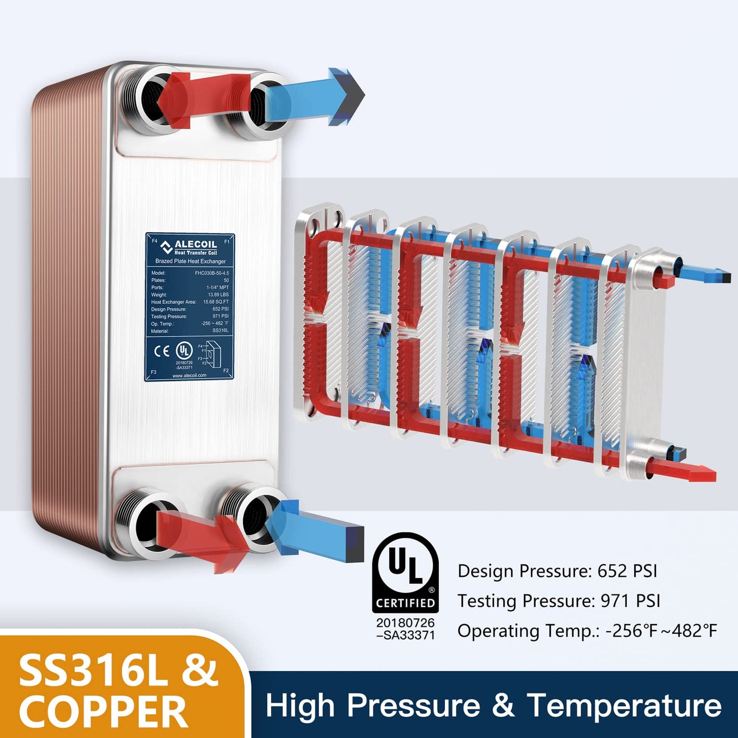 ALECOIL 5"x12" 50 Plates Heat Exchanger with 1-1/4" MPT Port Water to Water 316L Stainless Steel Brazed Plate Heat Exchanger for Water Heating, Floor Heating, Commercial and Industrial Refrigeration