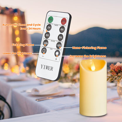 YIWER Plastic Flameless Battery Candles,Battery Powered LED Candle with Remote Control and Timer Electric Fake Flickering Light Pack of 3 D3 H4 5“6“