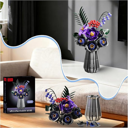 Flowers Bouquet Building Blocks Set with Vase Roses LilyRosaHypericum Bellflower Artificial Plants for Adults Teen GirlsHome&ampOffice Bonsai Decoration