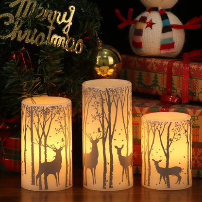 Lasumora Birch Silver Reindeer Christmas Candles with 6H Timer, Real Wax LED Candle Flameless Flickering, Battery Operated Candles Pillar for Home Décor Christmas Decorations Gifts, 3x4/5/6 inches