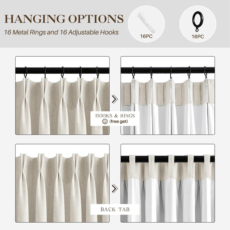 IVAPUPU Pinch Pleated Linen Blackout Curtains for Bedroom, Natural Full Black Out Curtains 84 Inches Long for Living Room Darkening Thermal Insulated Neutral Pleat Drapes with 16 Hooks, 2 Panels