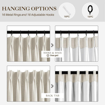 IVAPUPU Pinch Pleated Linen Blackout Curtains for Bedroom, Natural Full Black Out Curtains 84 Inches Long for Living Room Darkening Thermal Insulated Neutral Pleat Drapes with 16 Hooks, 2 Panels