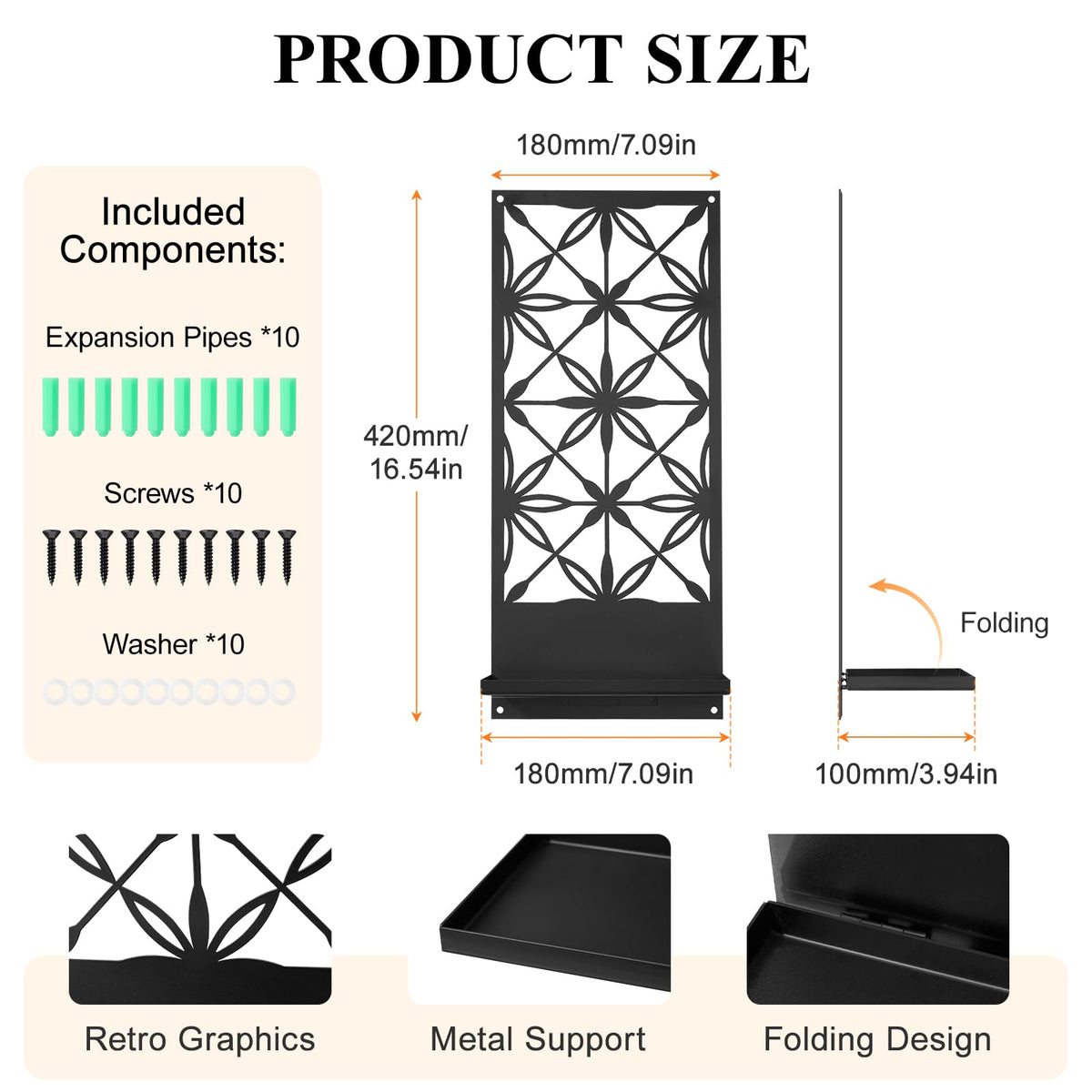 Doodlream 2 Pack Candle Wall Sconces, Retro Black Metal Wall Candle Holders, Foldable Floating Shelves with Rectangle Floral Geometric Back, Farmhouse Wall Decor for Entryway Living Room Bedroom